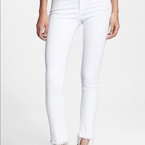 Rag & Bone cropped white jeans, frayed at ankle.